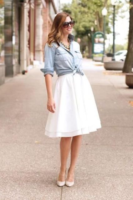 Picture Of Look with denim shirt and white A line skirt