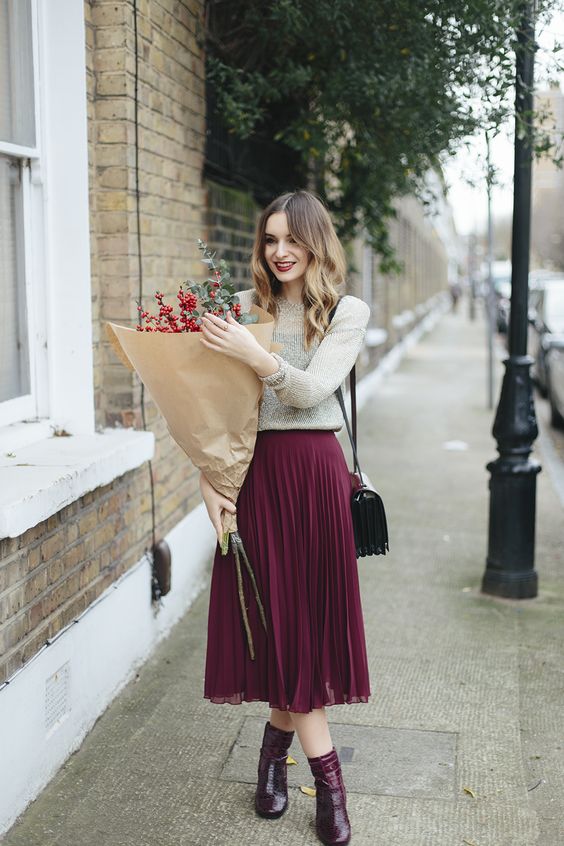 Picture Of grey sweater, a burgundy midi skirt and burgundy ...