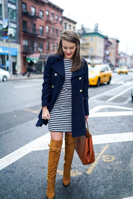 Picture Of With striped dress and brown over the knee boots