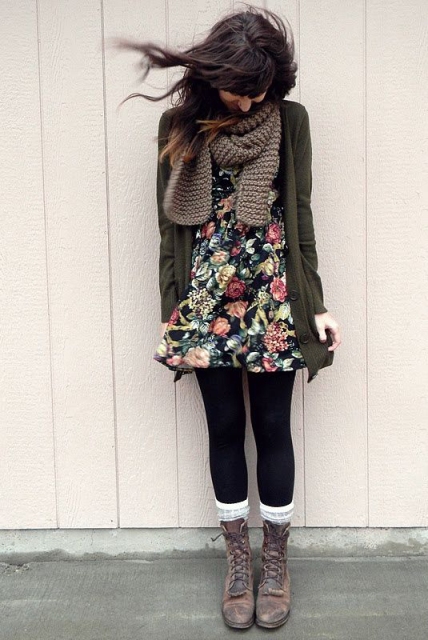 Cacusal, chic date night winter look with floral dress, jacket and mid calf boots