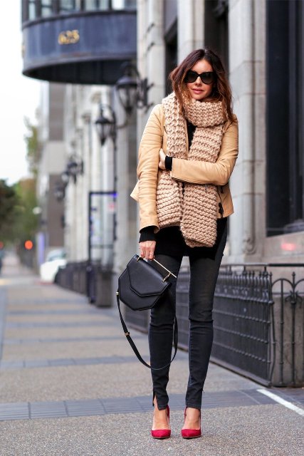 Winter work outfit with leather jacket, skinny pants, red shoes and mini bag