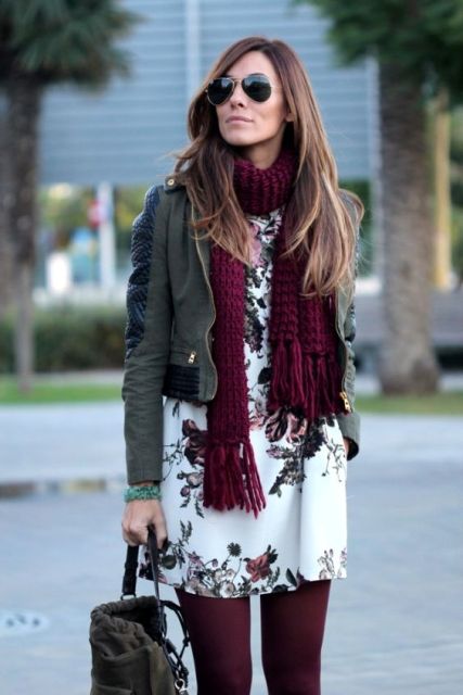 A winter outfit with marsalan scarf, printed dress, leather jacket, marsala tights and bag