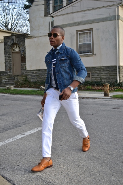 Picture Of With printed shirt, white pants and denim jacket