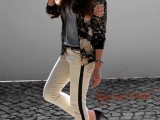 a grey tee, white side-striped pants, black shoes and a floral bomber jacket for spring