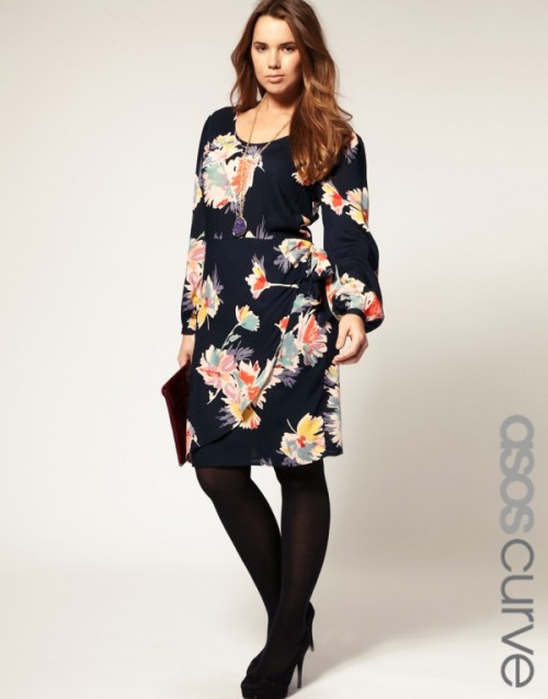 a dark floral midi dress with long sleeves, black shoes and tights for a cold spring day