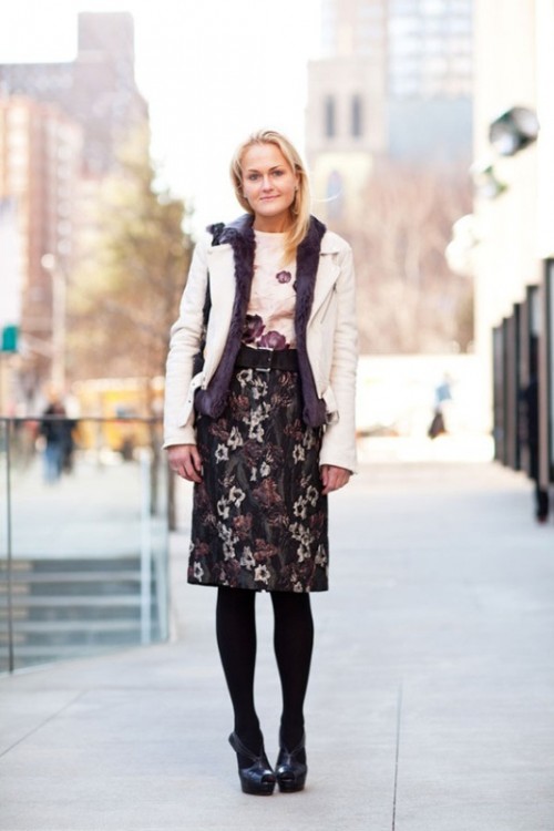 a dark and light floral dress, black shoes and tights and a black and white blazer for spring