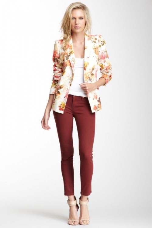 a white top, burgundy pants, a floral blazer, nude shoes for a simple spring or summer look