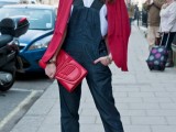 a white shirt, a navy denim dungaree, white shoes, a red blazer and a red oversized clutch