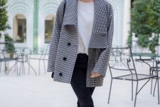 a casual outfit with an oversized white sweater, black skinnies, white sneakers, a gingham coat and a beret