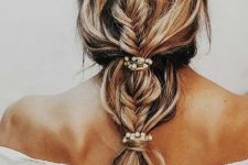 a creative fishtail plus bubble braid with beaded scrunchies is a cool relaxed hairstyle idea