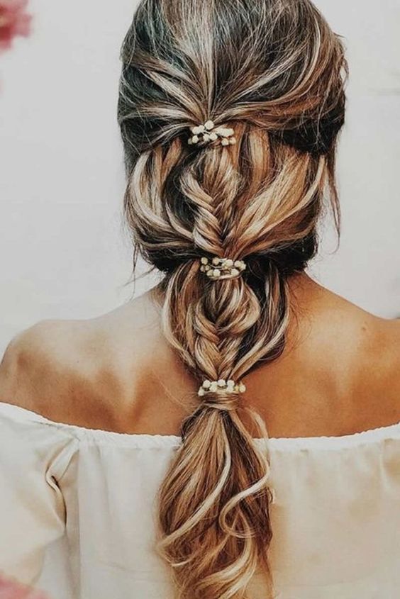 a creative fishtail plus bubble braid with beaded scrunchies is a cool relaxed hairstyle idea