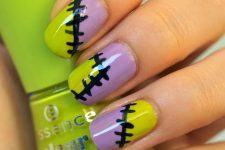 neon green and purple nails with stitches look bold, fun and very modern
