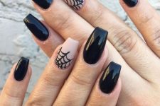 stylish and simple black and nude nails with spoderwebs are amazing for Halloween