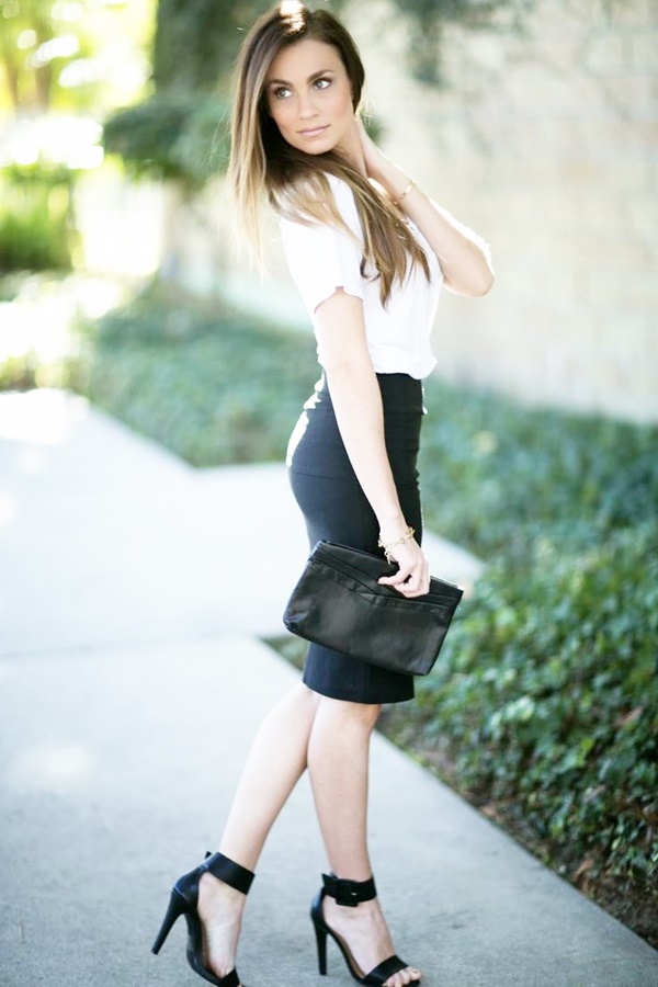 a black pencil knee skirt to accent your curves, a white t-shirt, black ankle strap shoes and a small black clutch