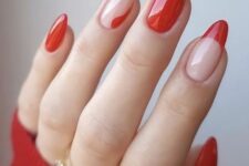 a classy Christmas manicure with nude and red nails and swirls is a lovely idea for holiday parties, not too bold and elegant