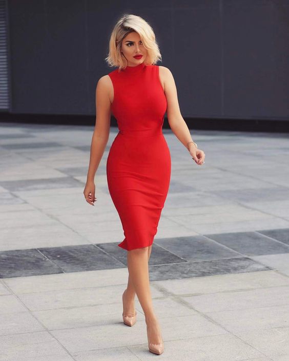 a flame red bodycon knee dress with a halter neckline and nude pumps will make you look wow