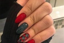 a red, green and gold Christmas manicure with an accent plaid nail and touches of gold sparkles is amazing