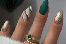 a stylish Christmas manicure with matte green, gold glitter, nude, green, white and gold nails is adorable