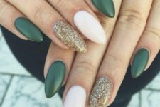 an elegant Christmas manicure with white, emerald and gold glitter nails is a chic and stylish idea for the holidays
