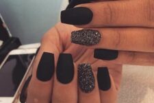 matte black nails and black glitter accent ones are amazing for NYE parties, they will add a bling to your look