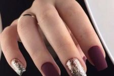 matte burgundy nails and silver glitter ones are amazing for holidays, they look modern and fresh