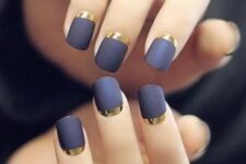 navy grey matte nails with gold half moons look very chic and will be perfect for NYE parties