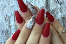 red matte nails with a silver glitter accent one look great not only at Christmas, they can be worn after it, too