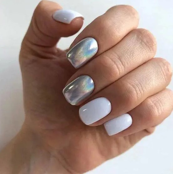 white and iridescent wedding nails will make your look beautiful and shiny, and those iridescents will shine all over