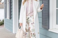 a blush shirt, floral pants, blush shoes, a white trench and a white bag to rock in spring or summer