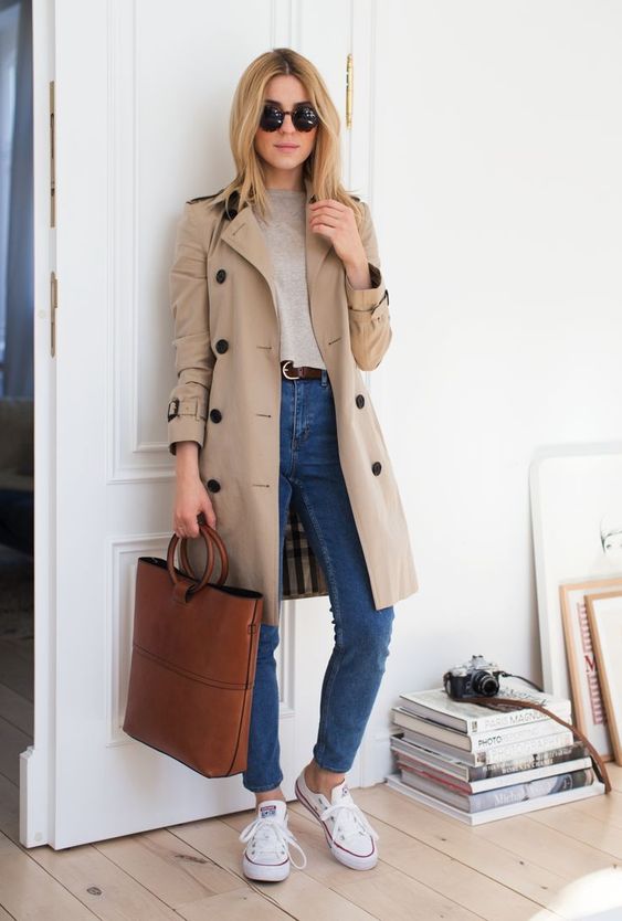 a classic neutral knee trench with black buttons is a stylish idea that will never go out of style