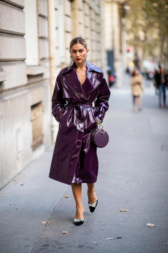 a lacquer purple leather midi trench makes a bold statement and you look fantastic anywhere