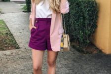 a color block look with a white top, purple shorts, a blush pink blazer, yellow mules and a wicker box bag