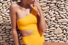 one shoulder sunny yellow swimsuit with a side cutout is a sexy and bright option