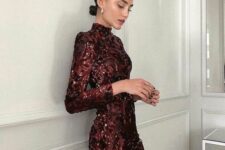 a burgundy sequin mini dress with a turtleneck, long sleeves is a chic and lovely idea, just add heels and go