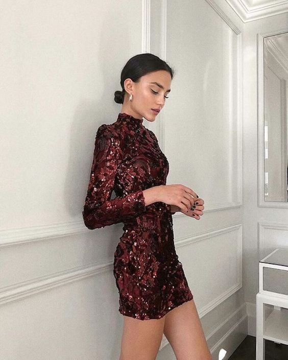 a burgundy sequin mini dress with a turtleneck, long sleeves is a chic and lovely idea, just add heels and go