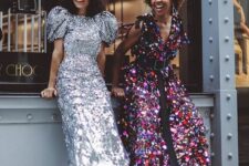 a silver sequin midi dress with a high neckline and puff sleeves plus hot pink booties, a colorful sequin A-line maxi dress plus blue velvet booties