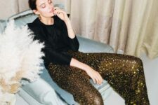black and gold sequin semi sheer pants, a black top and a black cropped blazer are a gorgeous NYE combo