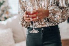black leather pants, a silver sequin shirt are a nice combo for celebrating NYE, it’s a timeless idea with plenty of shine