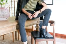 a striped tee, graphite grey skinnies, black booties and a black leather jacket for a touch of casual
