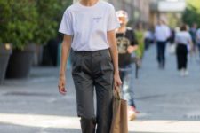 a white tee, grey pants, pink ankle boots, an ocher tote for a spring to summer outfit