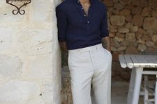 a navy shirt, white linen pants, printed espadrilles are a very stylish and chic combo for summer