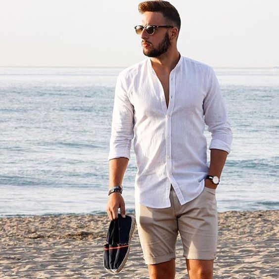 a white linen shirt, tan shorts and black espadrilles will compose a nice look for a vacation