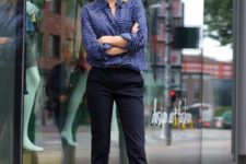 a blue printed button down, navy pants, pink flats for a chic casual work outfit