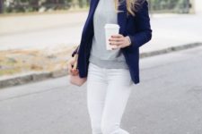 a navy, grey and white outfit with a blush crossbody bag and leopard flats
