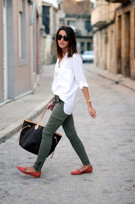 olive green cargo pants, a white button down, red flats and a printed bag