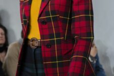 a Christmas look with a white shirt, a bold yellow jumper, navy and green plaid pants, a red plaid blazer