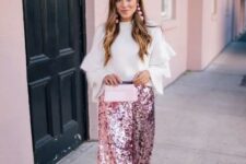 a beautiful white and pink sequin A-line midi skirt is an unusual and cool idea to wear to a party
