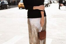 a black turtleneck, a champagne sequin midi skirt and black suede boots for an ultimately elegant Christmas look