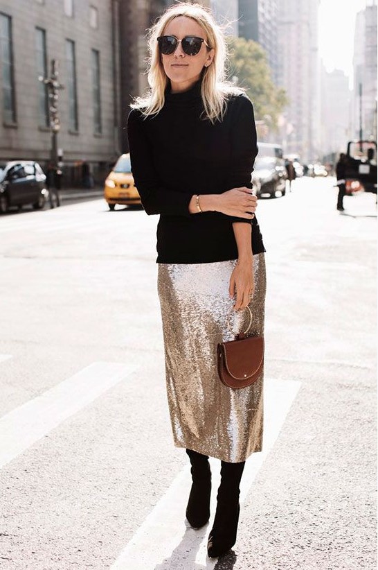 a black turtleneck, a champagne sequin midi skirt and black suede boots for an ultimately elegant Christmas look