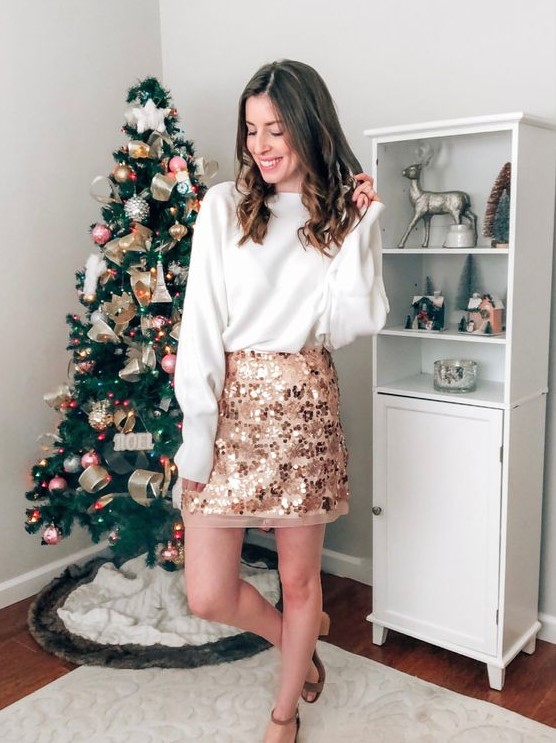 a white jumper, a gold sequin printed midi, nude block heels are a simple and very chic combo for a party
